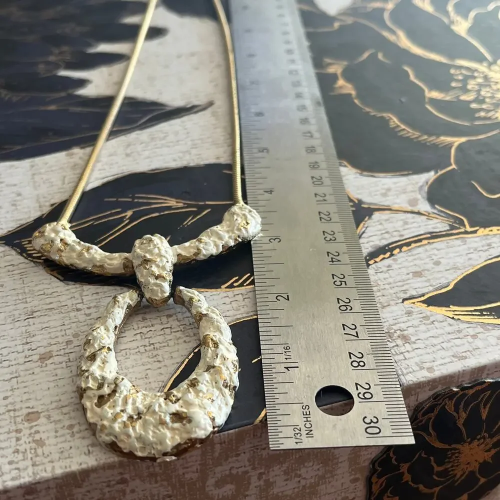 Vintage Golden Boho Pendant Necklace - Hammered Brutalist Style Painted White - Picture 6 of 7